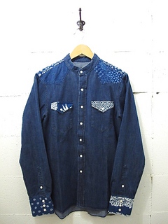 NEEDLES-BANDED COLLAR COWBOY SHIRT - INDIGO COMBO